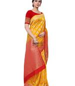 Yellow hand woven dupion silk saree