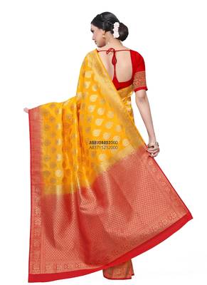 Yellow hand woven dupion silk saree 3