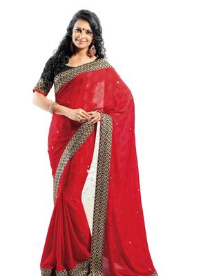 Red hand woven georgette saree  1