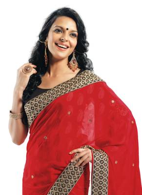 Red hand woven georgette saree  2