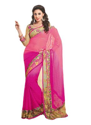 Pink embroidered georgette saree  1