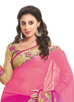 Pink embroidered georgette saree  2