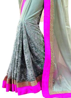 Grey embroidered net saree  3