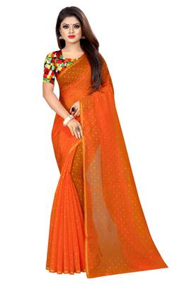 Orange plain chanderi saree with blouse 1