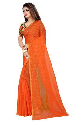 Orange plain chanderi saree with blouse 2