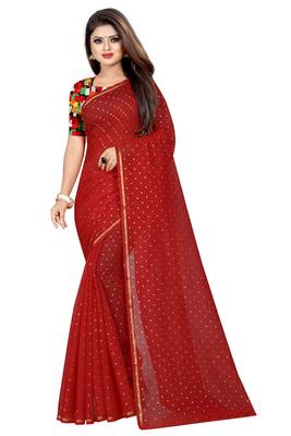 Red plain chanderi saree with blouse 1