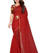 Red plain chanderi saree with blouse