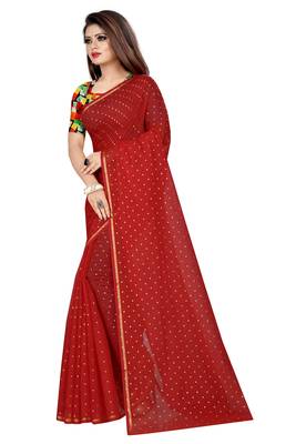 Red plain chanderi saree with blouse 2