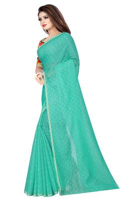 Sea green plain chanderi saree with blouse 2