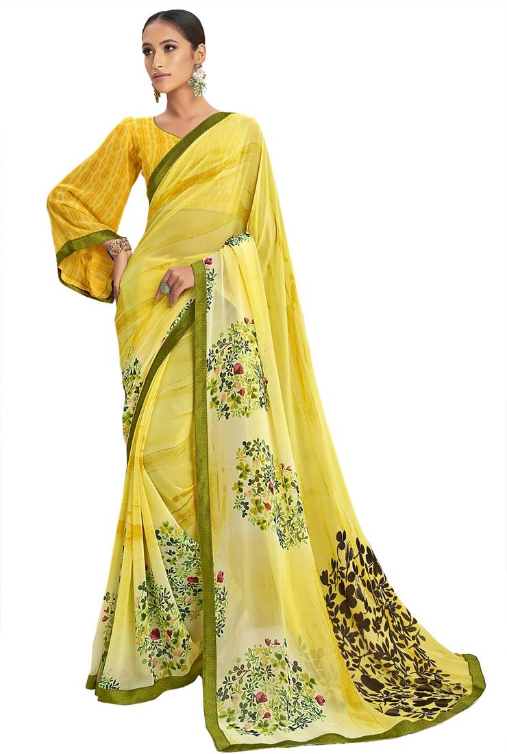 Light yellow printed georgette saree with blouse