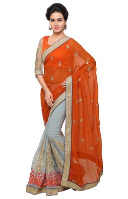 Grey embroidered jute saree with blouse 1