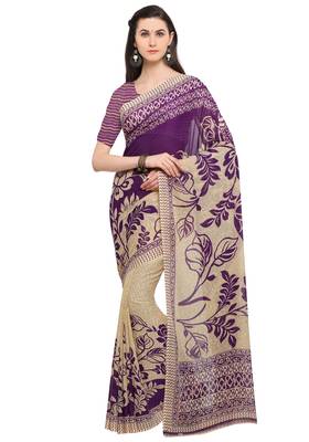 Beige printed faux georgette saree with blouse 1