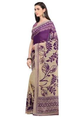 Beige printed faux georgette saree with blouse 2
