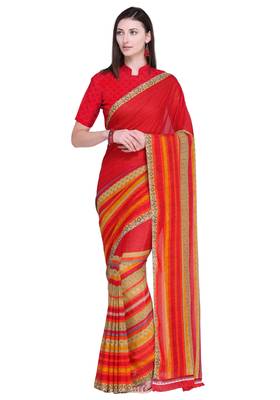 Red printed faux georgette saree with blouse 1