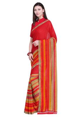 Red printed faux georgette saree with blouse 2