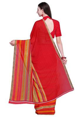 Red printed faux georgette saree with blouse 3