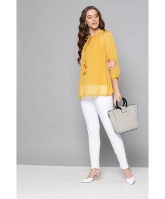 Label Ritu Kumar Yellow Full Sleeves Embroidered Short Top With Camisole 1