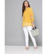 Label Ritu Kumar Yellow Full Sleeves Embroidered Short Top With Camisole