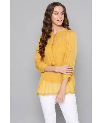 Label Ritu Kumar Yellow Full Sleeves Embroidered Short Top With Camisole 2