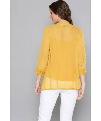 Label Ritu Kumar Yellow Full Sleeves Embroidered Short Top With Camisole 3
