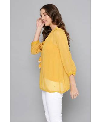 Label Ritu Kumar Yellow Full Sleeves Embroidered Short Top With Camisole 4