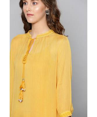 Label Ritu Kumar Yellow Full Sleeves Embroidered Short Top With Camisole 5