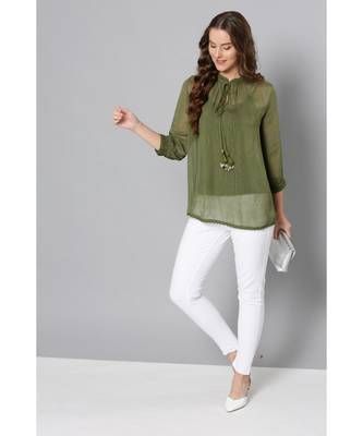 Label Ritu Kumar Green Full Sleeves Embroidered Short Top With Camisole 1