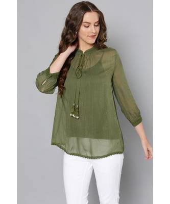 Label Ritu Kumar Green Full Sleeves Embroidered Short Top With Camisole 2