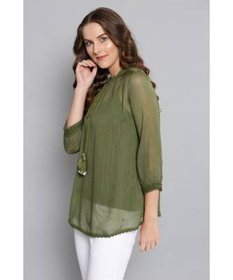 Label Ritu Kumar Green Full Sleeves Embroidered Short Top With Camisole 3
