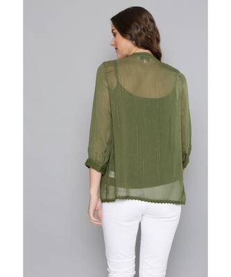 Label Ritu Kumar Green Full Sleeves Embroidered Short Top With Camisole 4