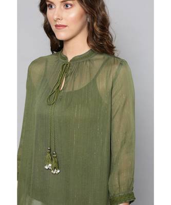 Label Ritu Kumar Green Full Sleeves Embroidered Short Top With Camisole 5