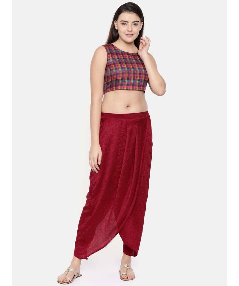mayank modi Red crushed silk pleated dhoti pants