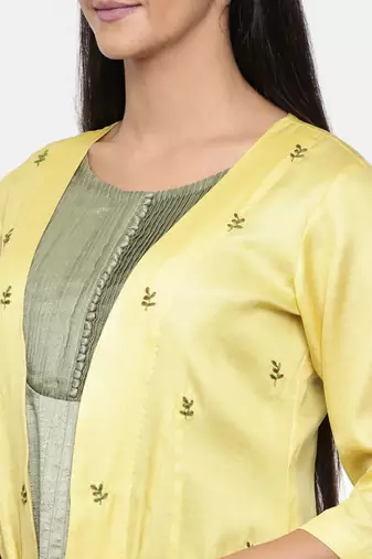 mayank modi Yellow,R T Fiona long jacket with motif embroidery.