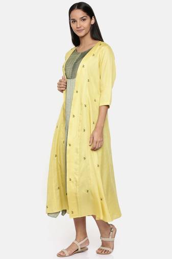 mayank modi Yellow,R T Fiona long jacket with motif embroidery.