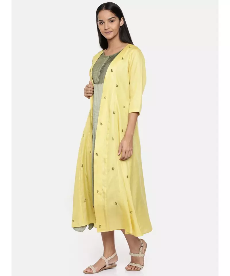 mayank modi Yellow,R T Fiona long jacket with motif embroidery.