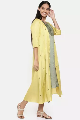 mayank modi Yellow,R T Fiona long jacket with motif embroidery.