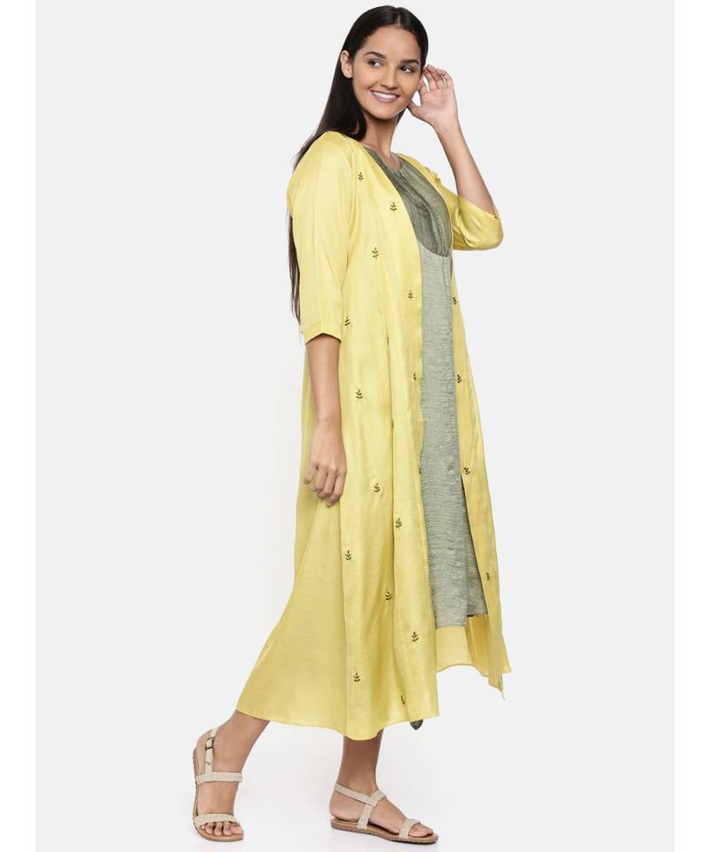 mayank modi Yellow,R T Fiona long jacket with motif embroidery.