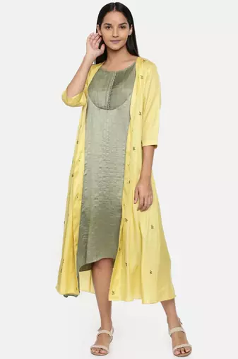 mayank modi Yellow,R T Fiona long jacket with motif embroidery.