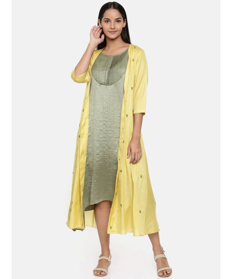 mayank modi Yellow,R T Fiona long jacket with motif embroidery.