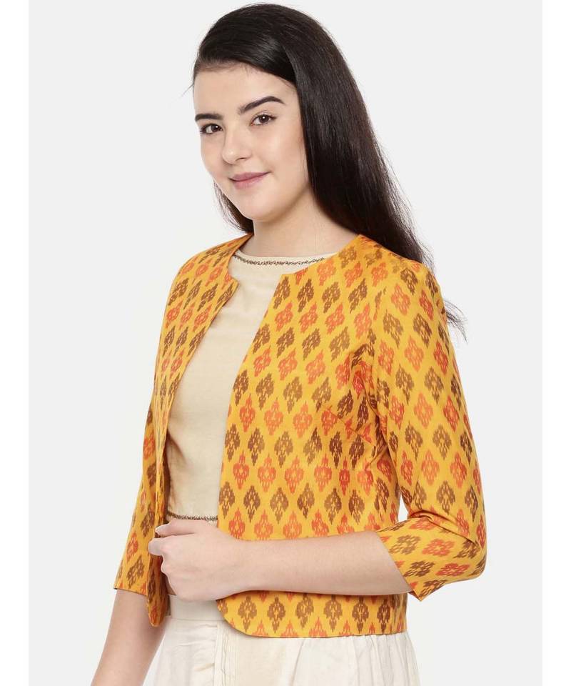 mayank modi Yellow,Ikat Silk short jacket