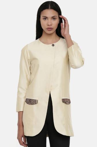 mayank modi Beige,Cotton Silk,thigh lengthjacket