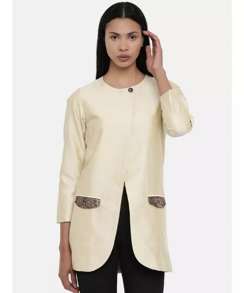 mayank modi Beige,Cotton Silk,thigh lengthjacket