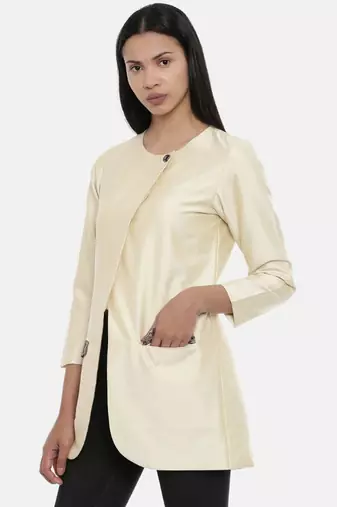 mayank modi Beige,Cotton Silk,thigh lengthjacket