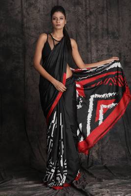 Black printed pure silk saree with blouse 1