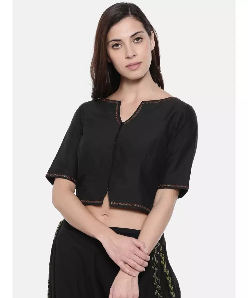 ASMI By Mayank Modi Black Embroidered Cotton Silk Blouse