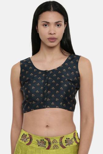 ASMI By Mayank Modi Dark green,Chanderi, sleeveless short blouse