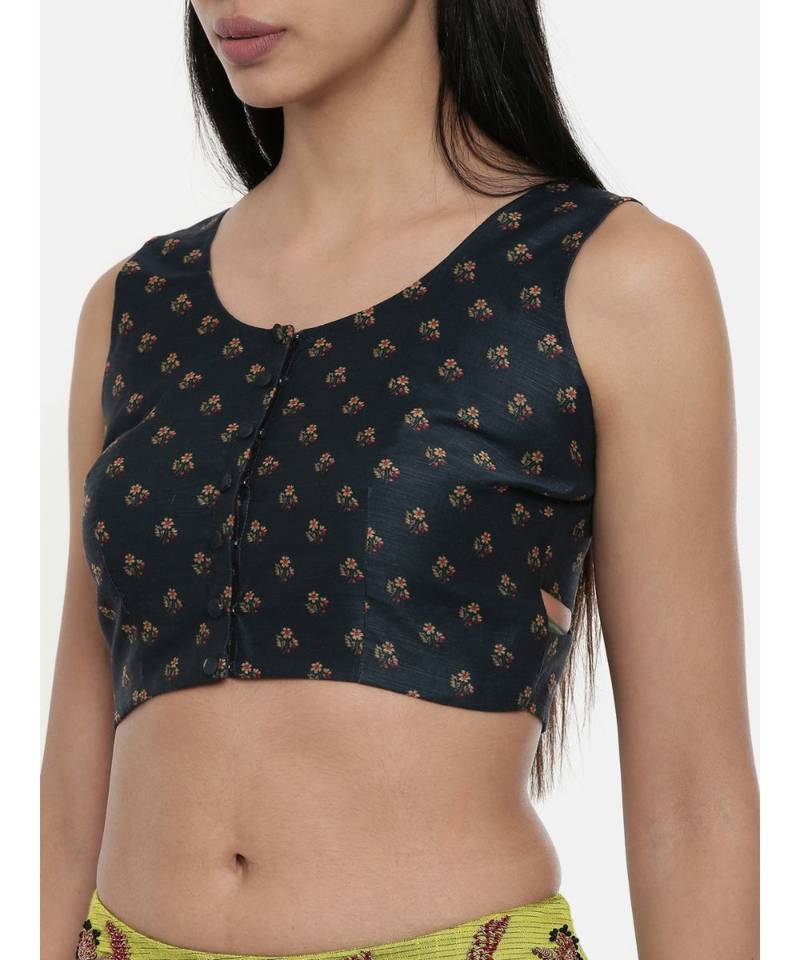 ASMI By Mayank Modi Dark green,Chanderi, sleeveless short blouse