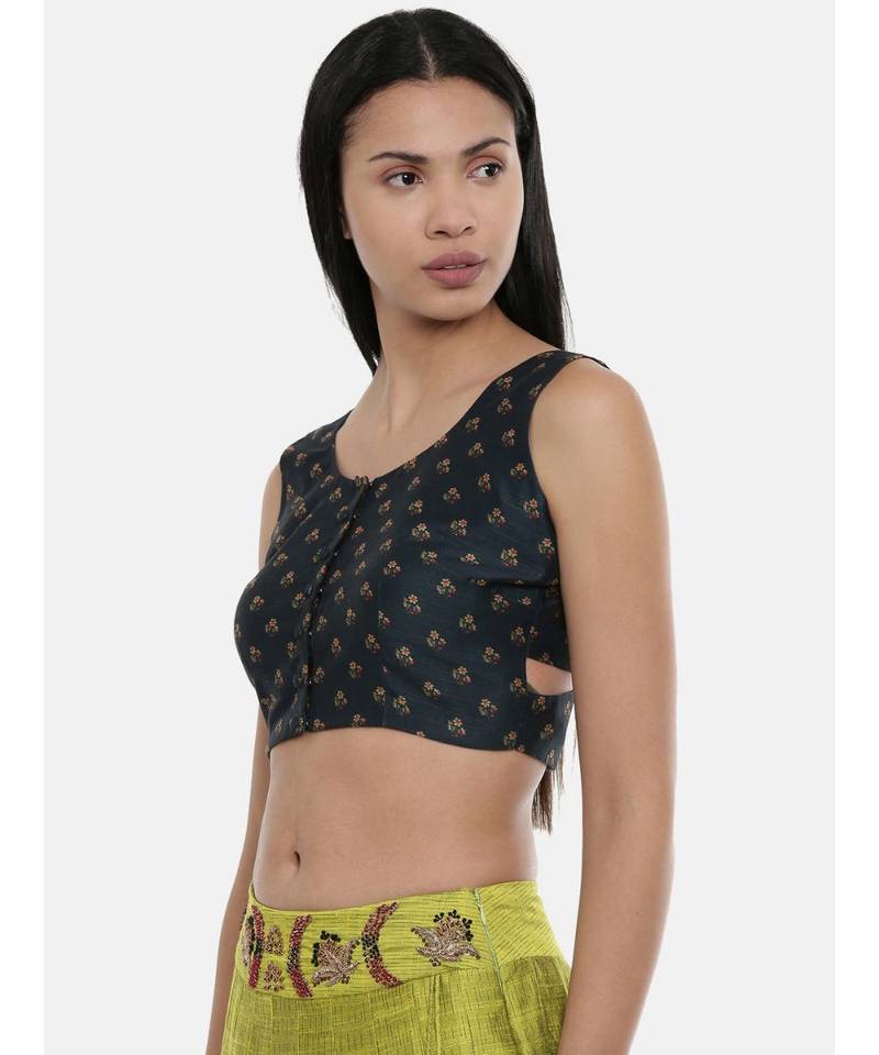 ASMI By Mayank Modi Dark green,Chanderi, sleeveless short blouse