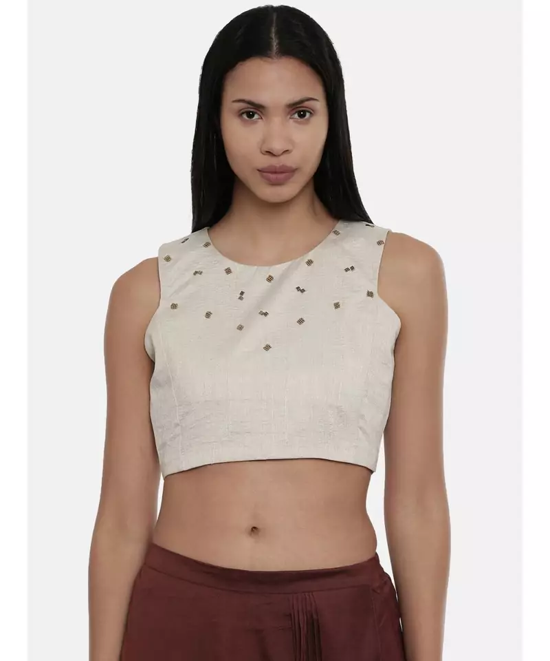 ASMI By Mayank Modi Silver Beige,Silk slub sleevless short blouse