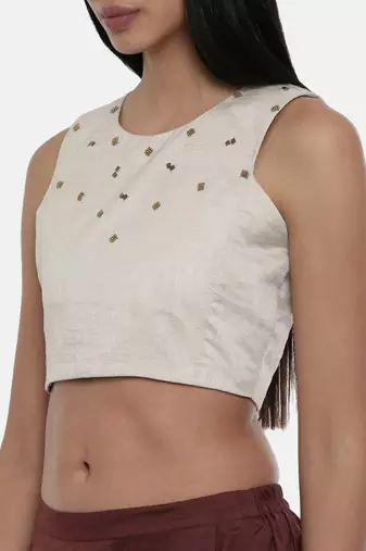 ASMI By Mayank Modi Silver Beige,Silk slub sleevless short blouse